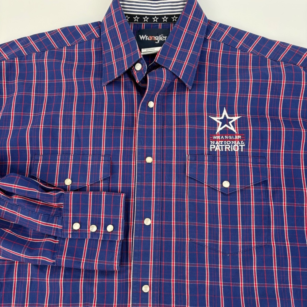 Wrangler Western Shirt Mens Medium Blue Plaid National Patriot Pearl Snap Cotton